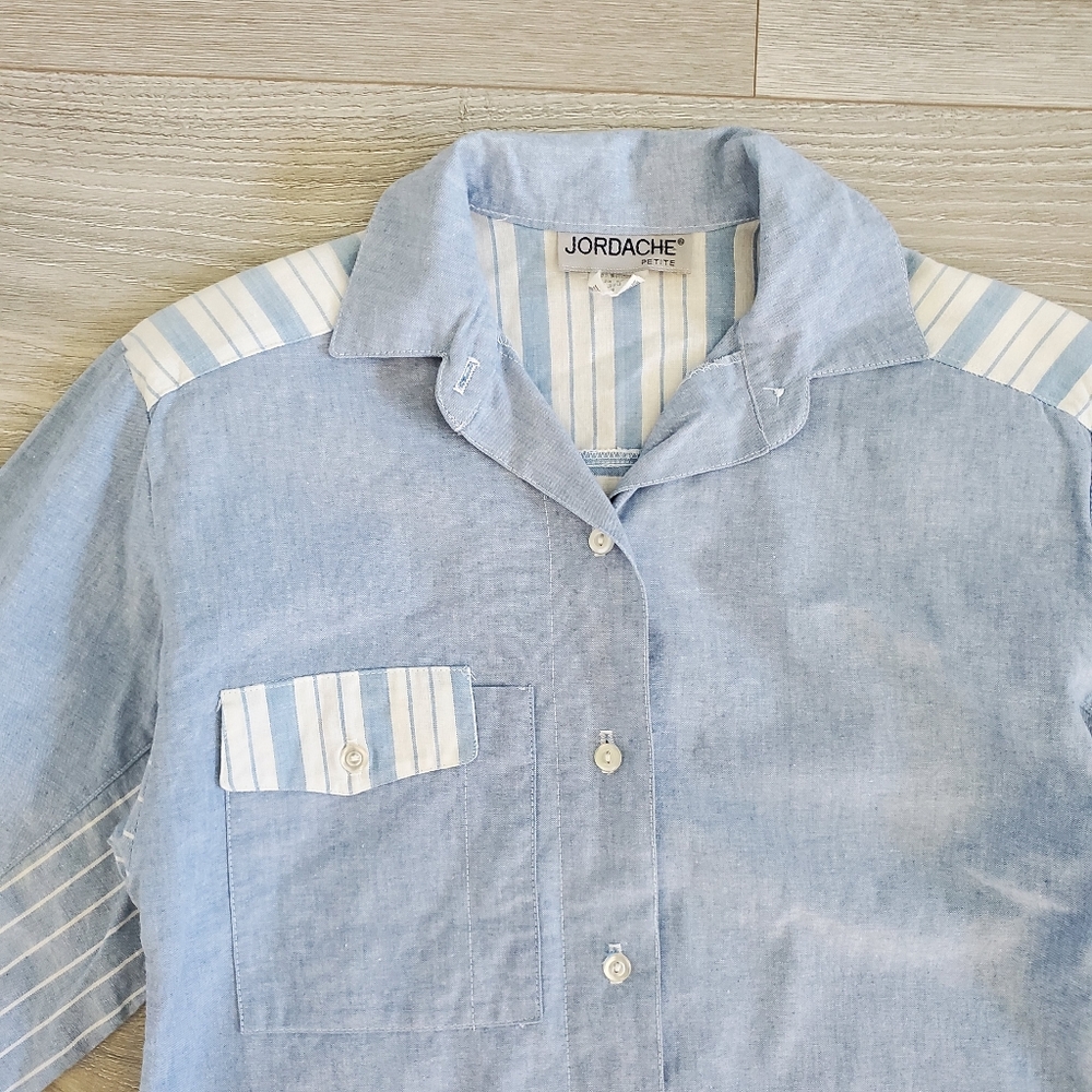 JORDACHE Blue and White Striped Two Tone Button Long Sleeve Blouse